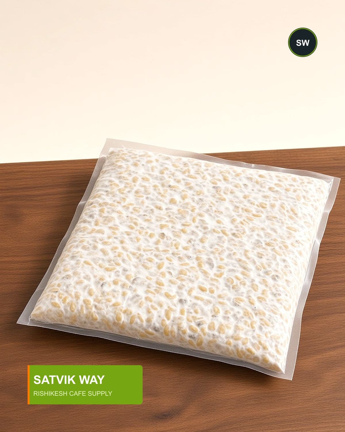 Vacuum-packed Satvik Way tempeh slab, studio — Satvik Way tempeh, Rishikesh cafe supply